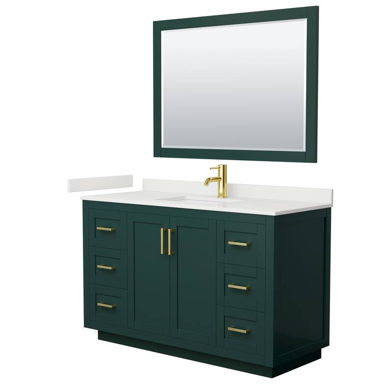 Miranda 54-inch Single Vanity, Quartz Top, 46-inch Mirror - Green, Gold Trim, White Quartz Top