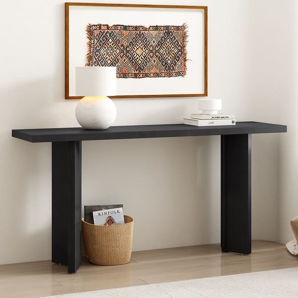 63-Inch Black Console Table With Storage – Modern Entryway, Sofa Table With Grooved Design For Living Room Or Hallway