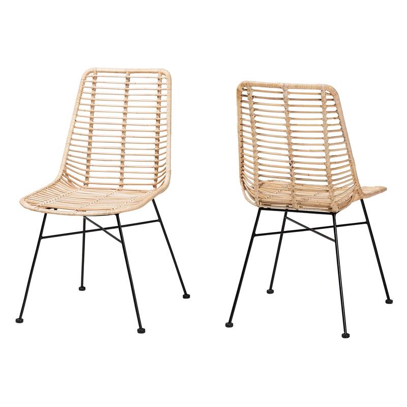 Manhattan Modern Bohemian Natural Brown Rattan and Black Metal 2-Piece Dining Chair Set - Natural Brown, Black