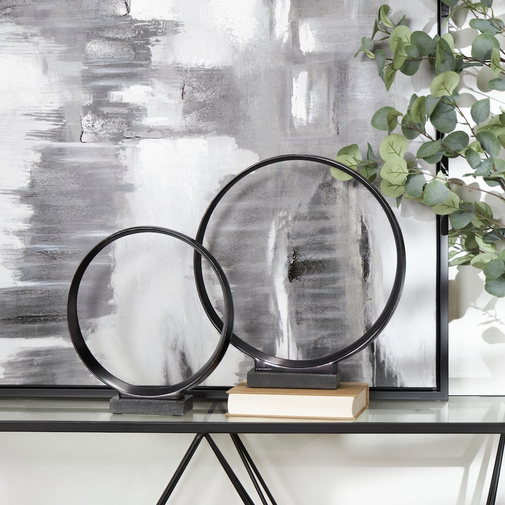 Dark Gray Aluminum Metal Geometric Decorative Sculpture with Marble Base (Set of 2)