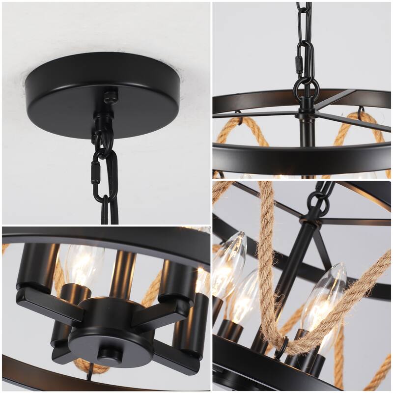 4-Light Drum-shaped Chandelier with Hemp Rope for Kitchen Living Room