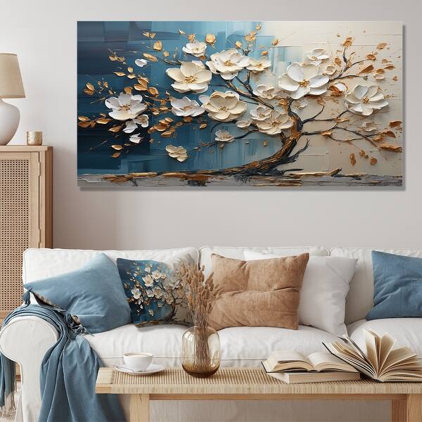 slide 2 of 9, Designart "Blue And White Orchid Tree Golden Of Branches III" Tree Wall Décor Gold Modern Canvas Wall Art For Home