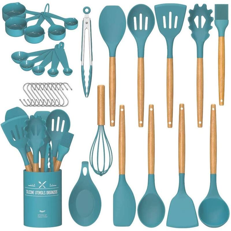 Kitchen Cooking Utensils Set, 33 pcs Non-Stick Utensils Spatula Set with Holder - Blue