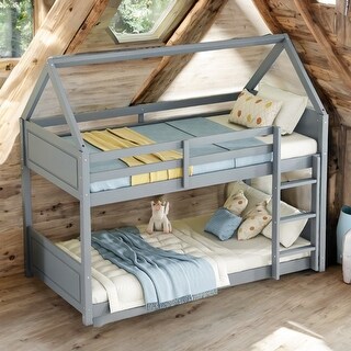 Light Grey Wooden Low Height Twin Over Twin Bunk Bed Kids Bed with Guardrails,Ladder
