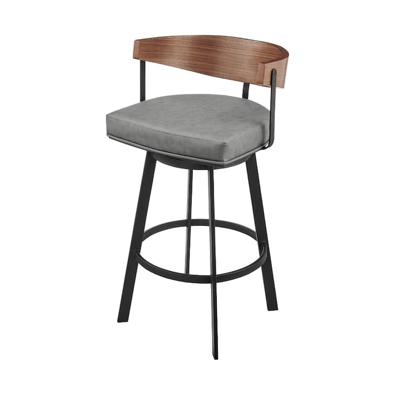 Gray Brown and Black Faux Leather and Iron Low Back Counter Height Swivel Bar Chair