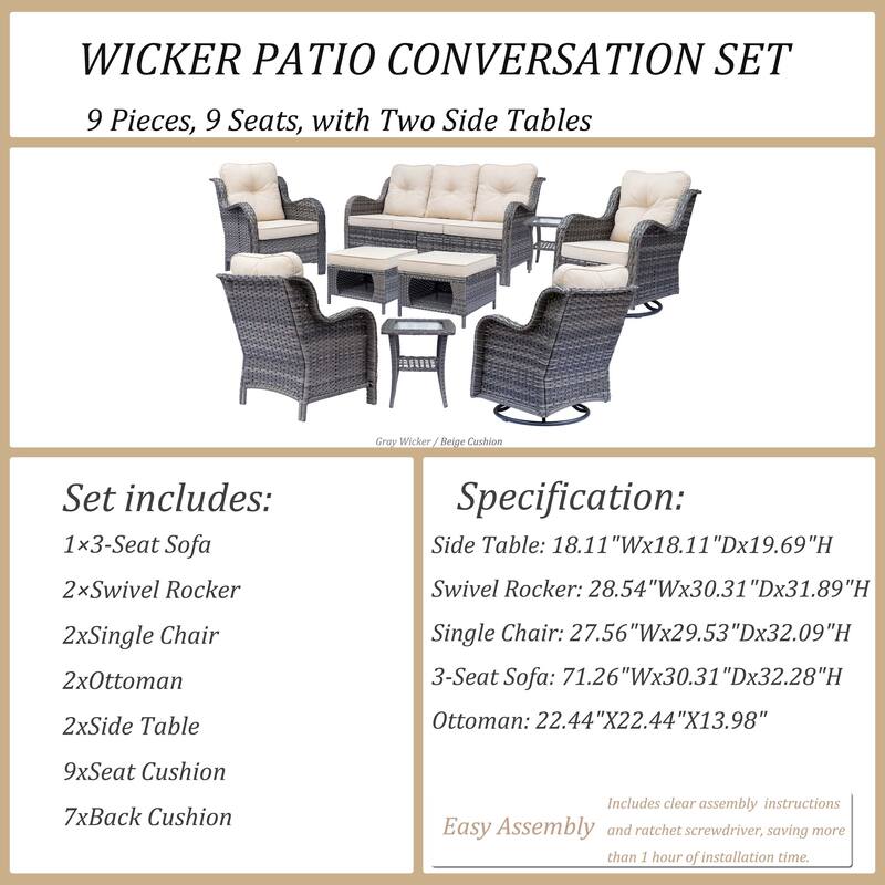 9 Piece Outdoor Wicker Patio Conversation Furniture Swivel Chairs Sets