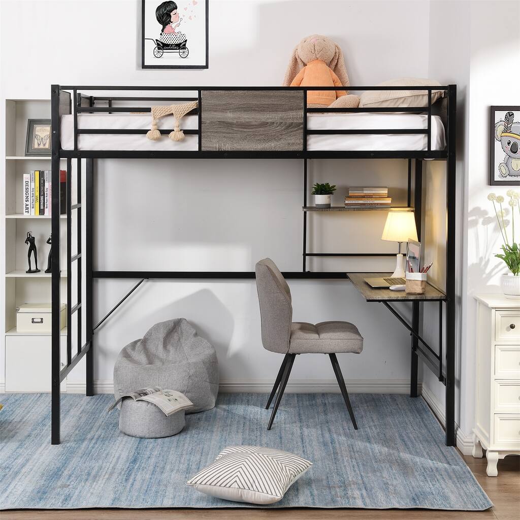 Multifunctional Loft Bed With Storage Shelves, Pine Wooden Loft Bed ,Twin,Black+Grey(75''L*39.4''W*71.1''H(