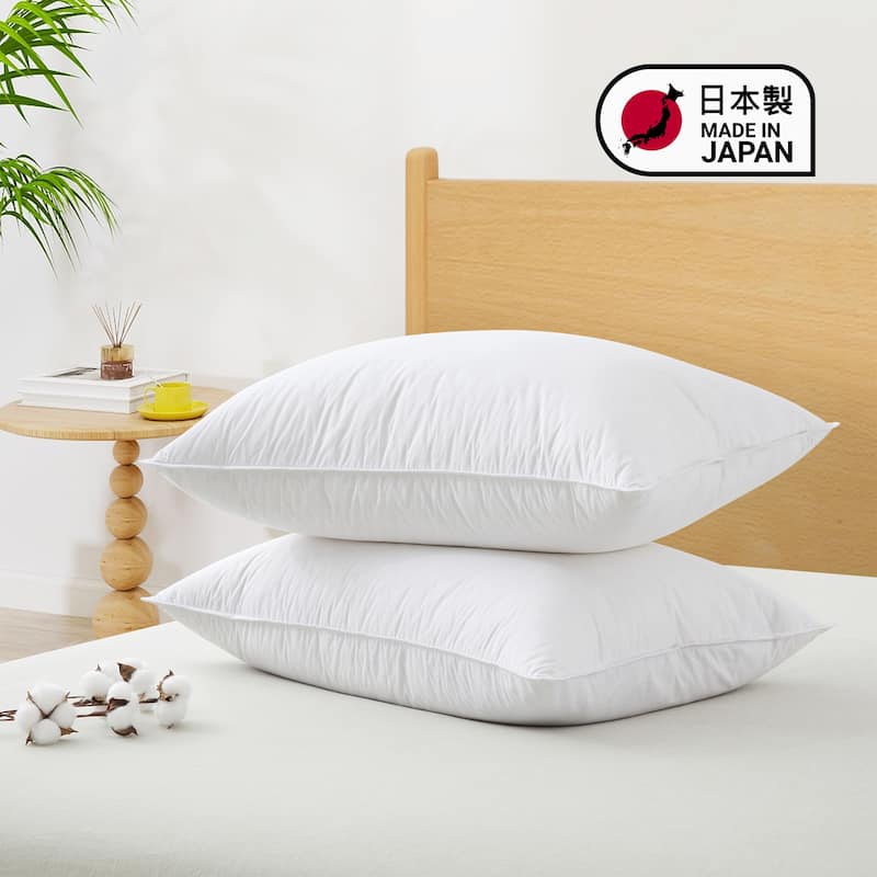 2 Pack 300TC Breathable Cotton Cover Goose Feather Down Pillows Made in Japan - Medium - Queen