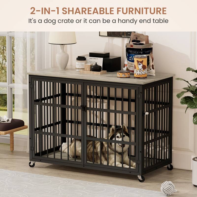 Decorative Pet House, Dog Crate Furniture with Iron Frame Door and wheels