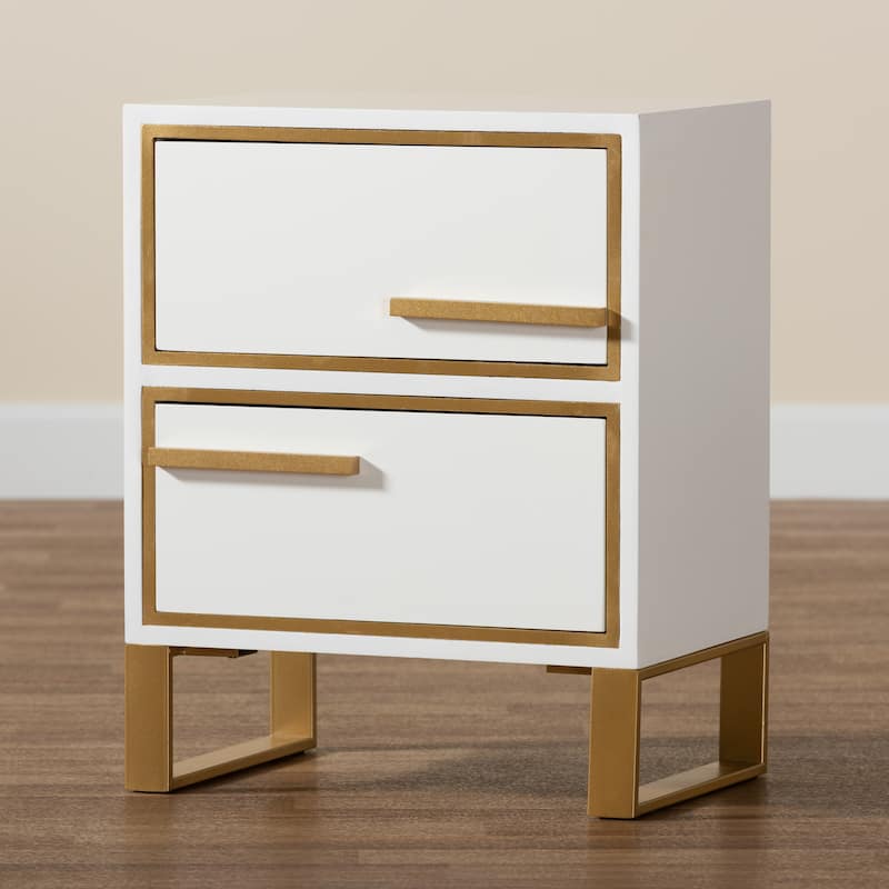 Baxton Studio Giolla Contemporary Glam and Luxe White Finished Wood and Gold Metal 2-Drawer End Table