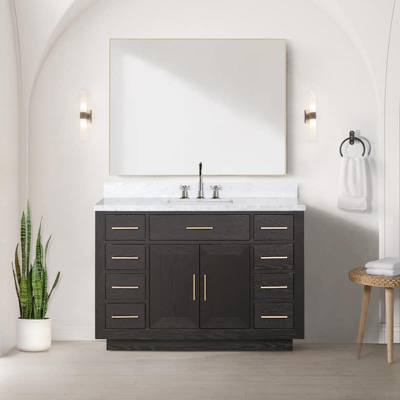 Lexora Abbey Bath Vanity, Carrara Marble Top, Faucet Set, and Mirror - 48 Inch - Brown Oak
