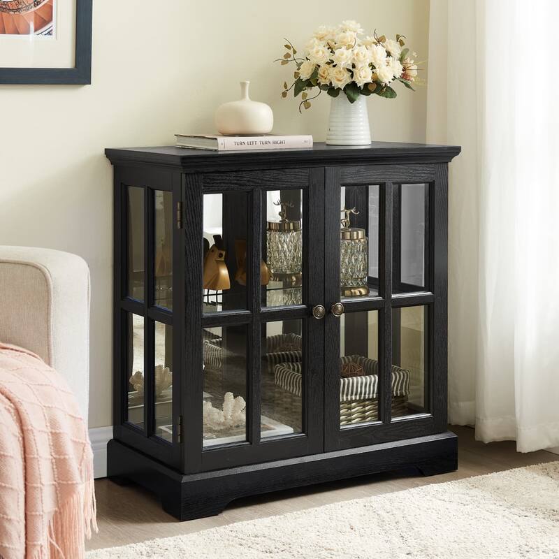 LED Glass Antique Curio Display Cabinet Showcase with Lattice Doors - Black