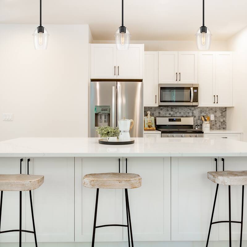 Summer Jazz 60 Watt 1-Light Matte Black Transitional Pendant Light with Clear Glass Shade - 8