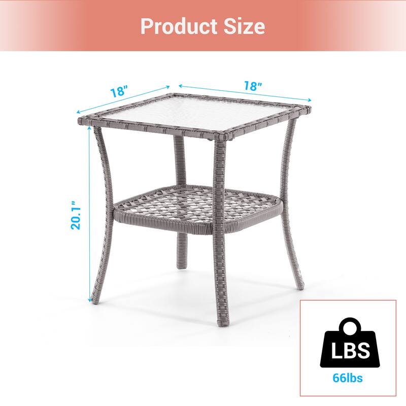 LIVOOSUN Patio Water Rippled Glass Side Table Rattan Coffee Table