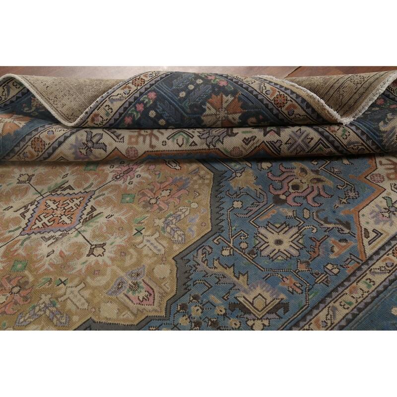 Geometric Blue Tabriz Persian Vintage Area Rug Handmade Wool Carpet - 6'6"x 9'8"