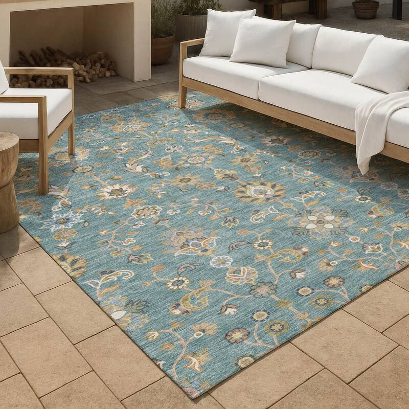 Machine Washable Indoor/ Outdoor Traditional Basalt Chantille Rug - Teal - 10' x 14'