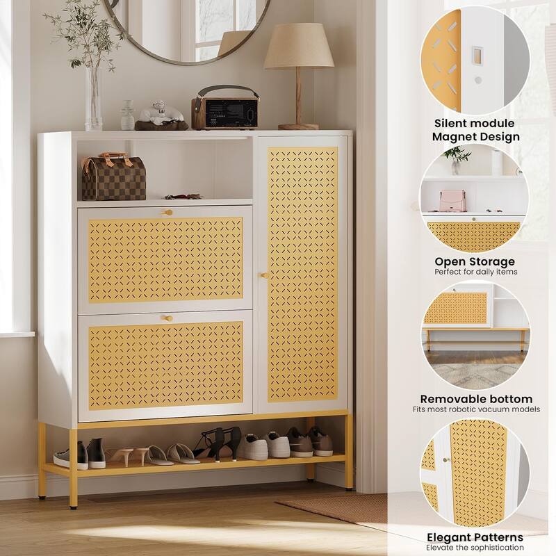 AECOJOY Shoe Storage Cabinet with 2 Flip Drawers with Door & Open Storage - 10.2"D x 43.3"W x 50"H