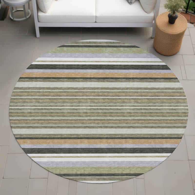 Machine Washable Indoor/ Outdoor Modern Stripes Chantille Rug - Olive - 8' x 8'