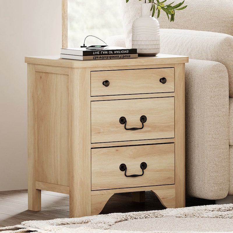 Farmhouse Nightstand with Charging Station, Modern Wood Nightstand - oak - 3-drawer