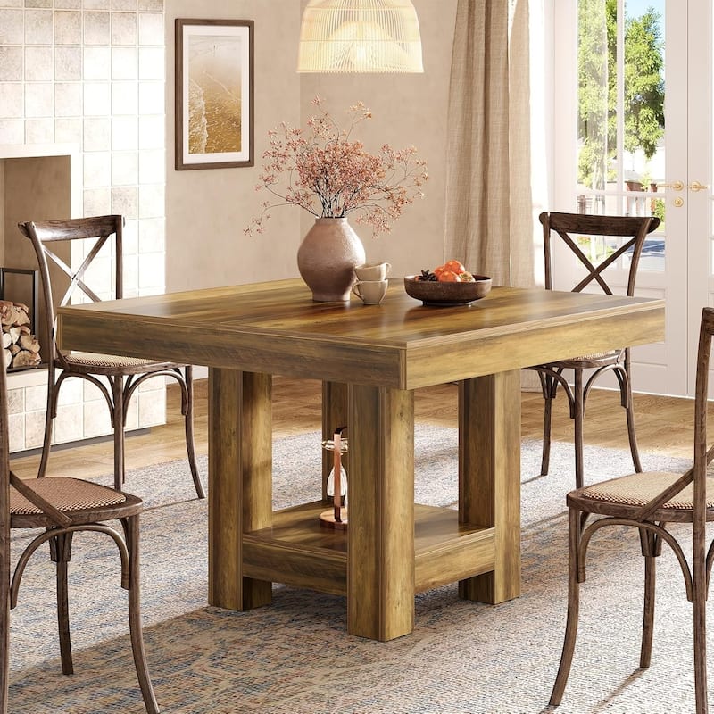 Square Dining Table for 2-4, 39-inch Farmhouse Small Kitchen Dinner Table with Storage Shelf - Brown