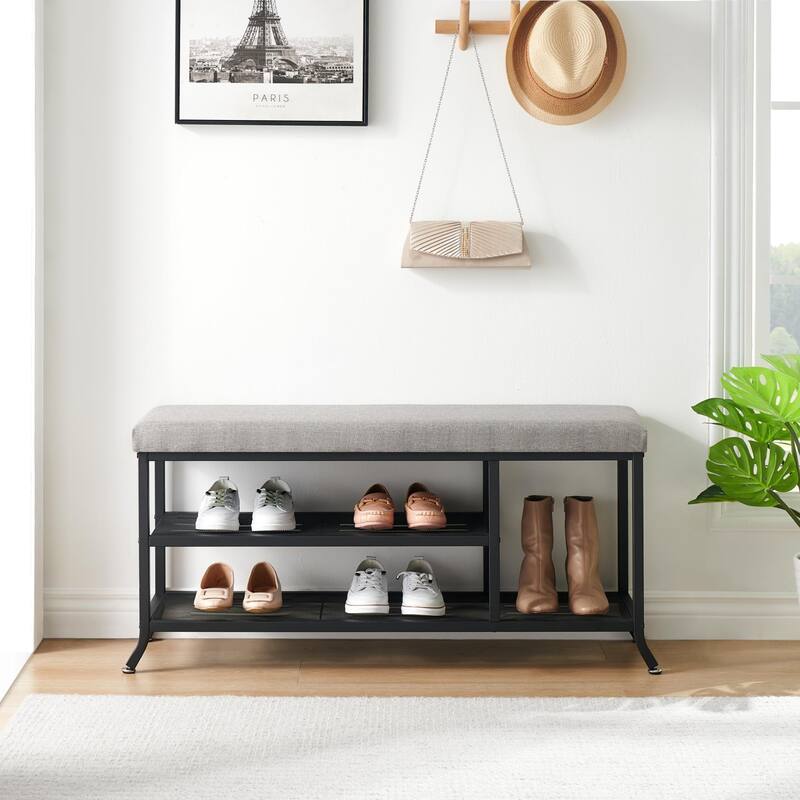 Ail Mid-century Modern Shoe Rack Bench with Padded Seat