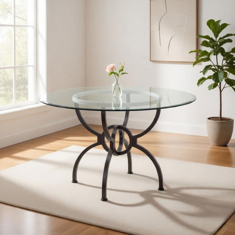 48 Inch Round Dining Table, Clear Glass Top, Interlocked Ring Motif Legs