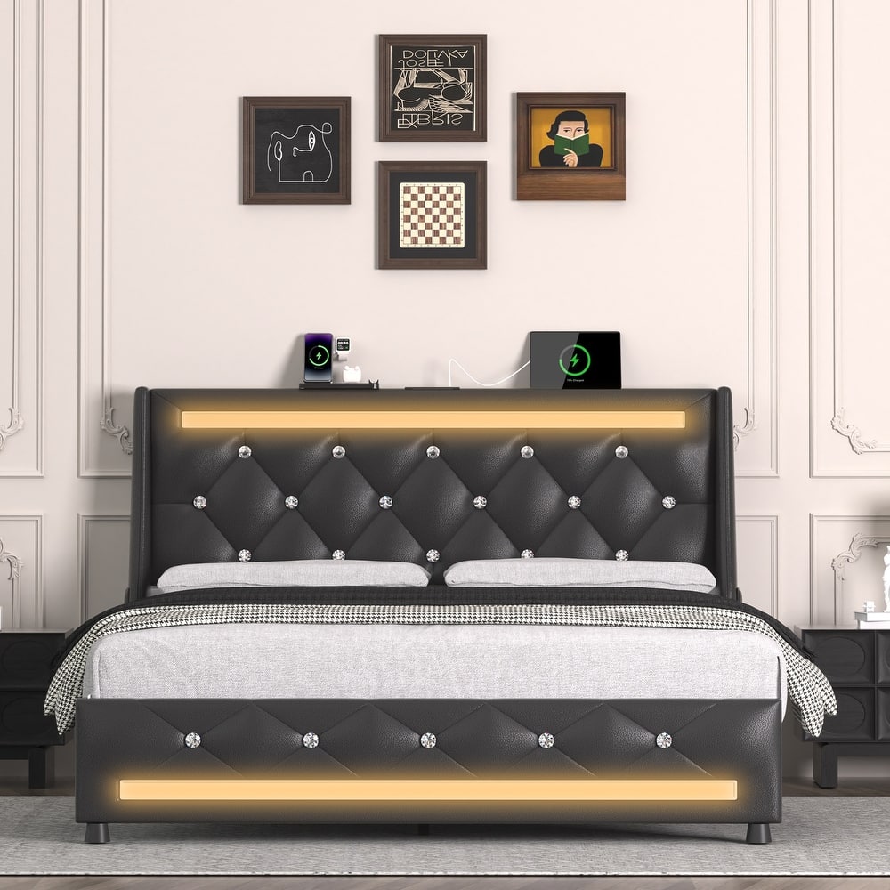 Tufted Bed Frame Upholstered Platform Bed Frame with LED Lights Headboard Footboard, Charging Station, Wooden Slats, Noise Free
