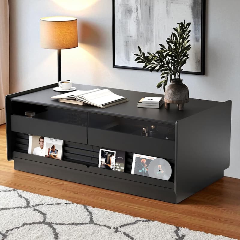 47.2" Modern Rectangular Coffee Table with 4 Storage Drawers, 2 Display Shelves and Tempered Glass Fronts - Black