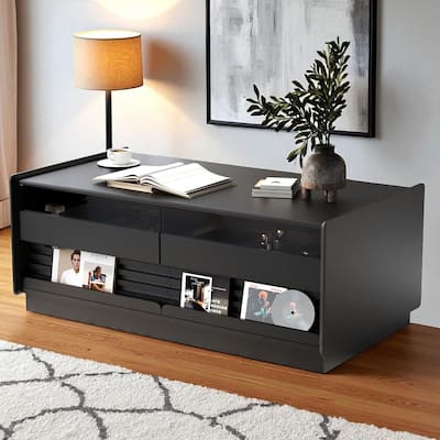 47.2" Modern Rectangular Coffee Table with 4 Storage Drawers, 2 Display Shelves and Tempered Glass Fronts