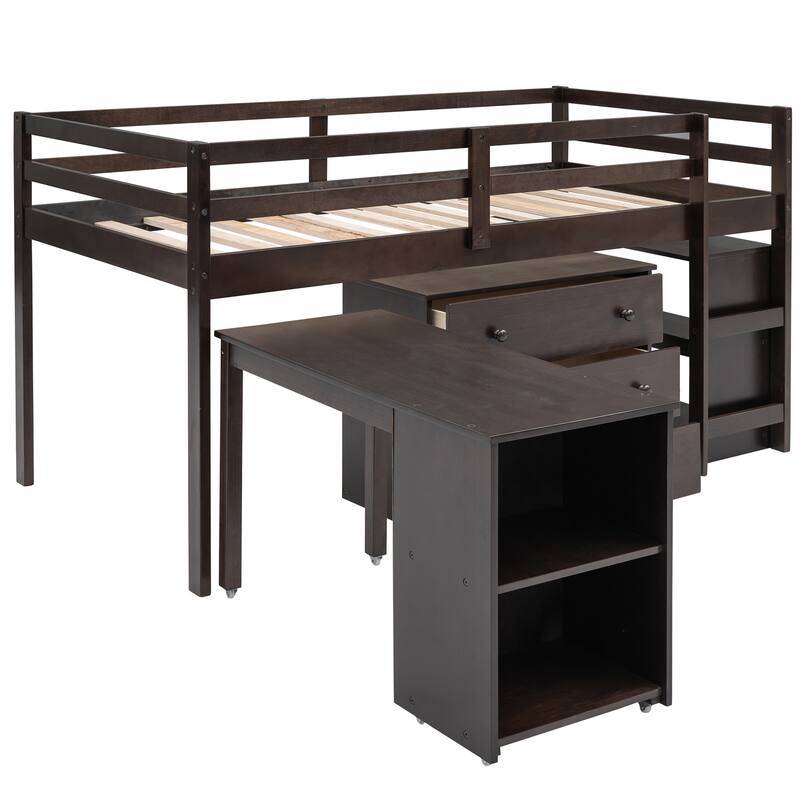 Low Study Twin Loft Bed with Cabinet and Rolling Portable Desk - Espresso - N/A