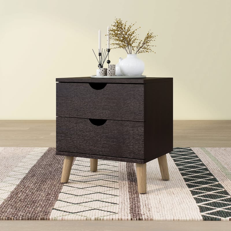 DH BASIC Mid-Century Modern Cappuccino 2-Drawer Nightstand by Denhour