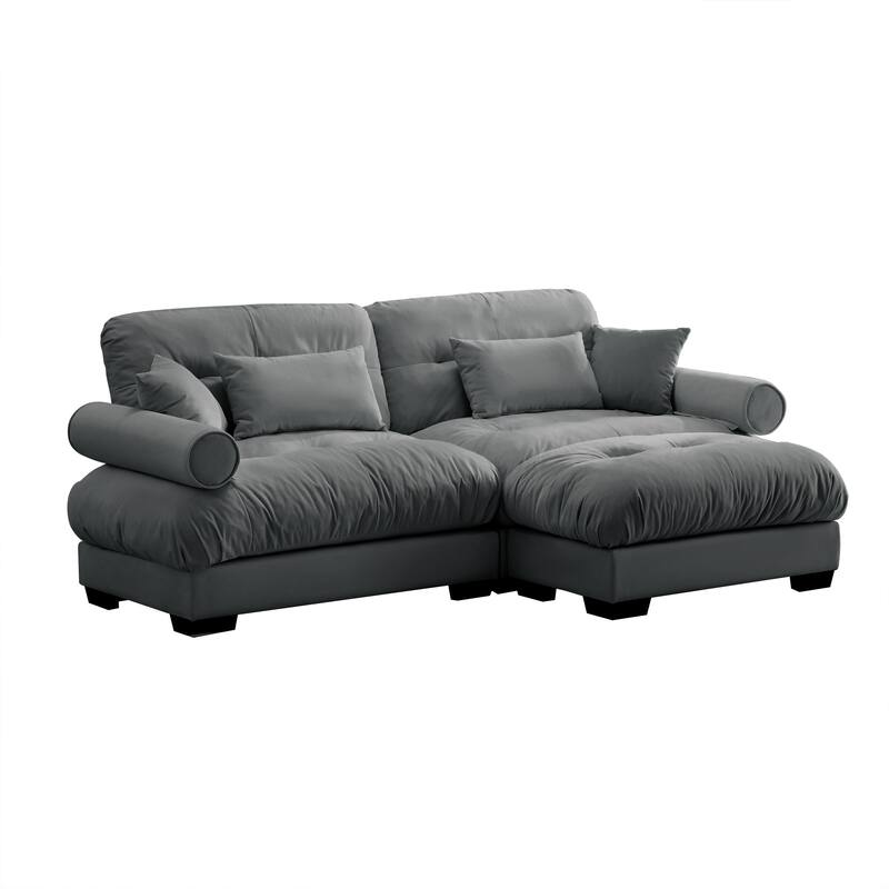 GDFStudio - Meridian Velvet 2-seater Cloud Sofa with Ottoman and Round Bolster Armrests