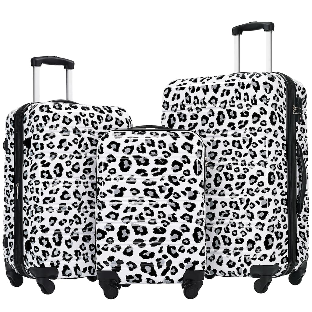 3-Piece, Modern Luggage Sets, Expandable Luggage with Silicone Handles and TSA Lock, for Boarding Travel, White+Black Leopard