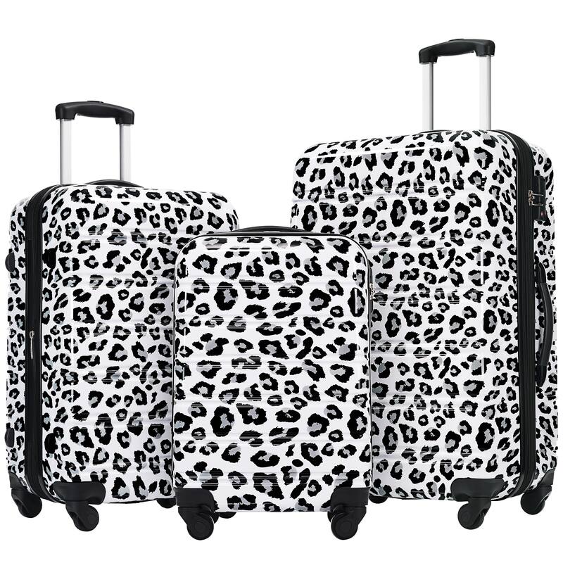 Classic 3 Piece Hardshell Carry-On Luggage Set, PC Durable Lightweight Suitcase with TSA Lock and Spinner Wheels, for Travel - White+Black Leopard