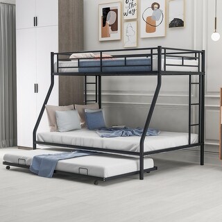 Black Twin/Full Size Steel Bunk Bed with Twin Size Trundle and Two-Side Ladders