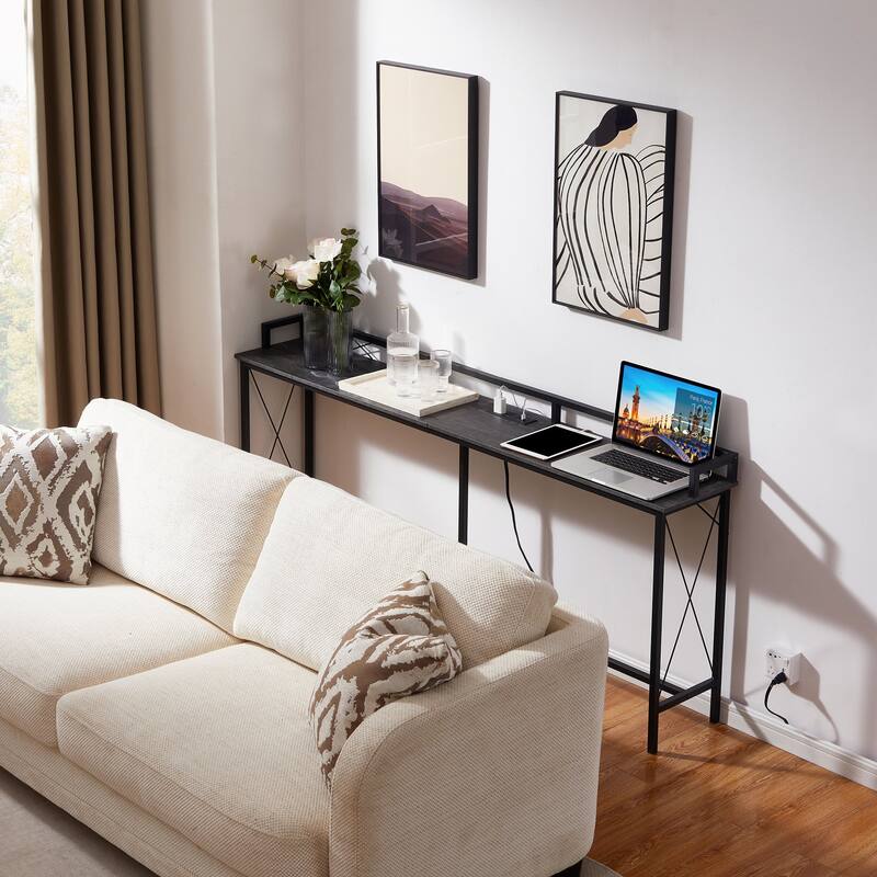 Javlergo Extra Long Console/Sofa Table with Charging Station&Power Outlet, Charcoal Grey