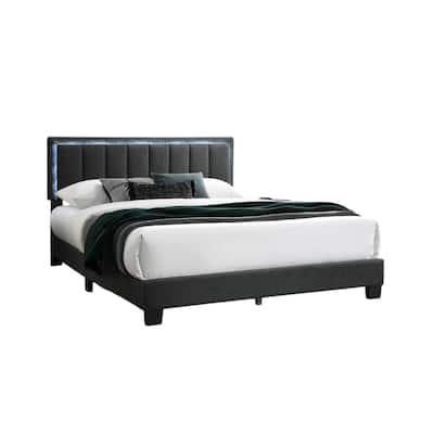 Zemo Queen Size Bed, LED Headboard, Charcoal Gray Wool Upholstery