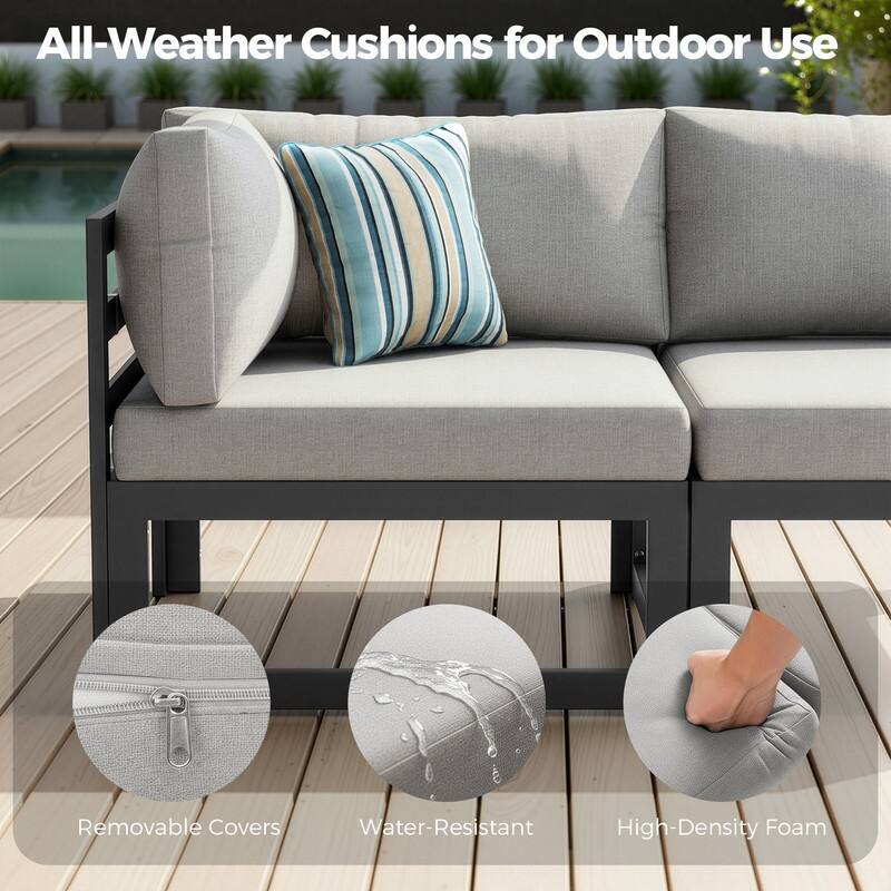 7 Piece Aluminum Patio Furniture Set with Fire Pit Propane/Gas, 29 inch Deep Wide Seat Aluminum Outdoor Sectional