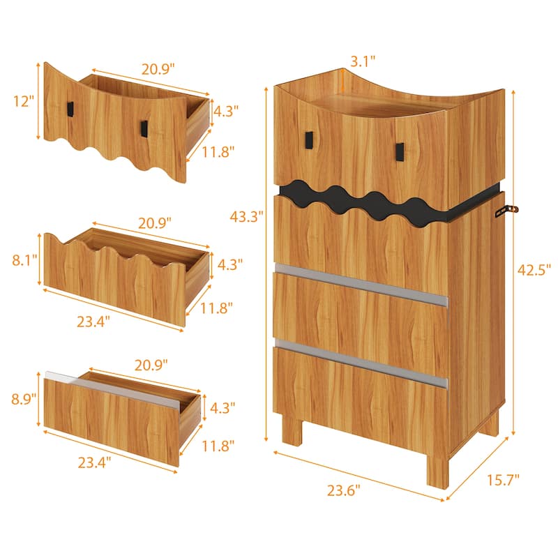Modern Wave-Front 4-Drawer Dresser with Acrylic Panels, Wood Grain & Black Storage Cabinet Chest Cabinet