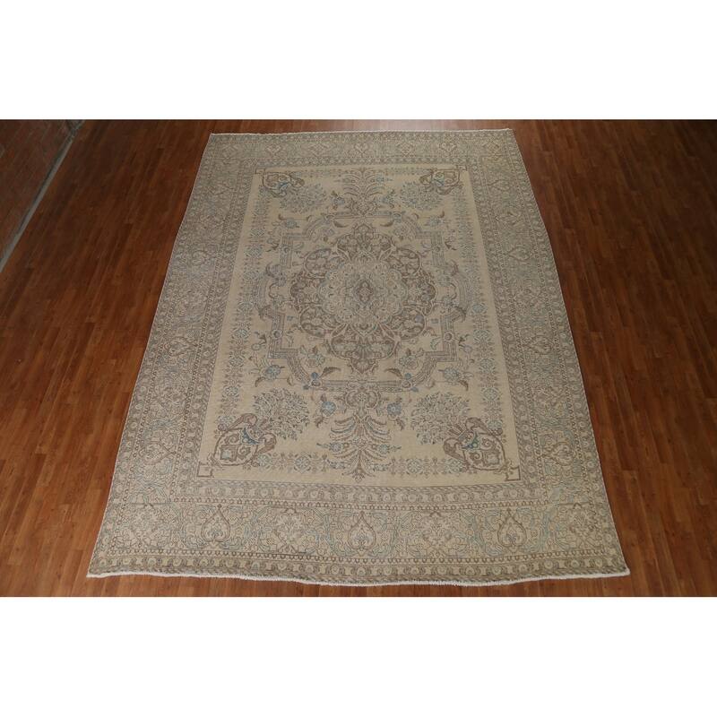 Hand Knotted Oriental 100% Wool Carpet Traditional Floral Beige & Ivories Tabriz Area Rug - 12' 9'' X 9' 7''