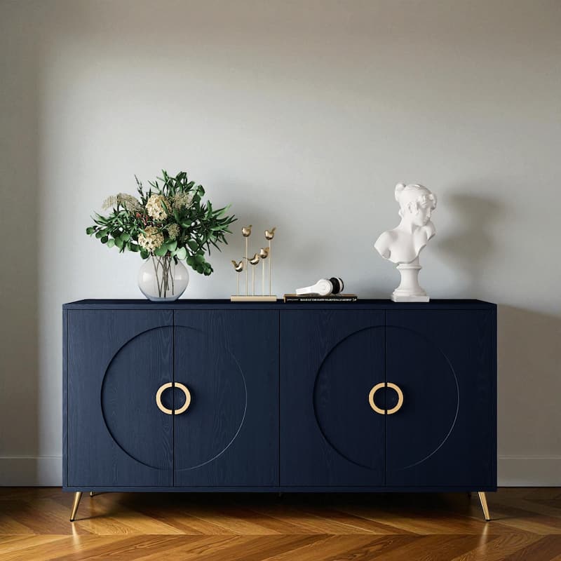 Modern Navy Blue Lacquered 4-Door Sideboard Buffet Storage Cabinet with Gold Legs for Dining Room and Living Room