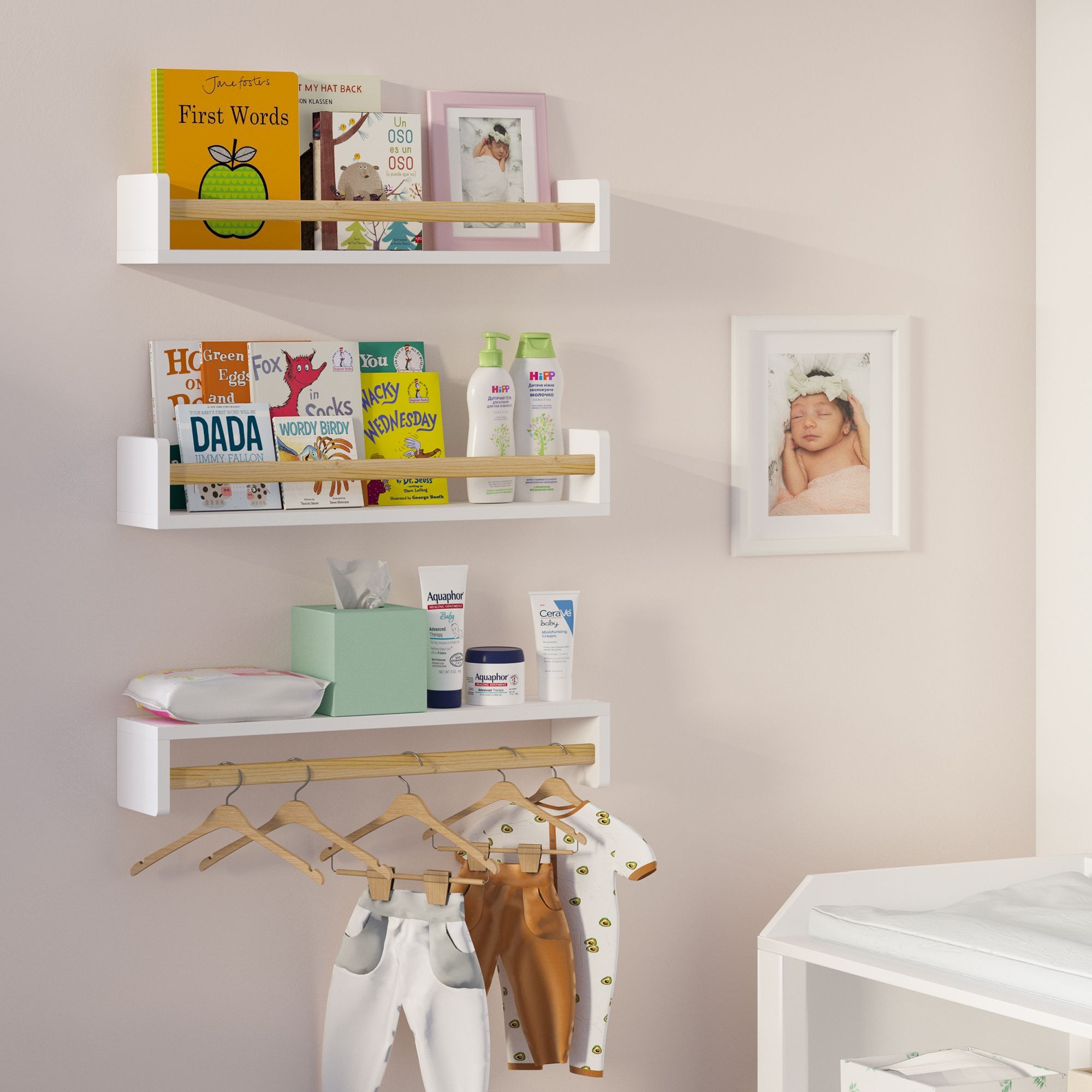 Wallniture Madrid Set of 3 Kids Bookcases Toy Shelf Baby Nursery Organizer 24 inch Floating Wall Shelves for Kid Storage Classroom Display White