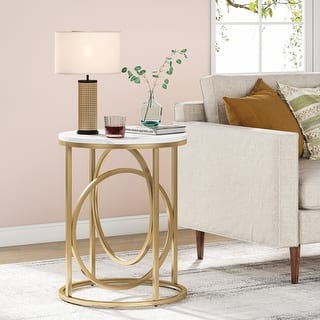 Round End Table for Living Room, Industrial Narrow Side Table with Metal Frame