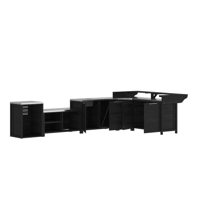 Modular Outdoor Kitchen Cabinet Set 100% Solid Wood Patio BBQ Island with Stainless Steel Countertop