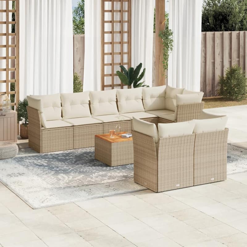 vidaXL Patio Sofa Set with Cushions Outdoor Furniture 9 Piece Poly Rattan - 21.7 x 21.7 x 14.6 - Beige