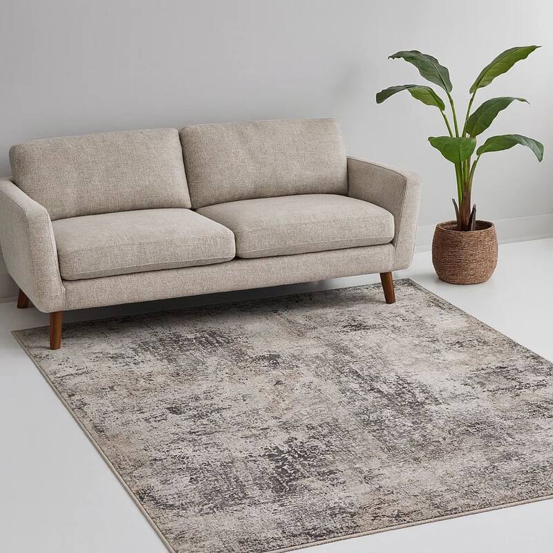 Elanor 5 x 7 Area Rug, Modern Abstract Design, Gray Polyester, Jute Backing - 5 x 7