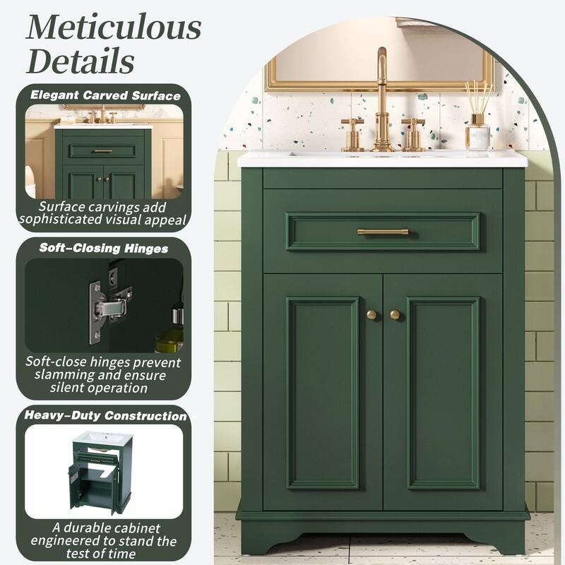 24" Bathroom Vanity with Integrated Ceramic Sink, Cabinet with 2 Doors and 1 Tip-Out Drawer, Single Sink Vanity