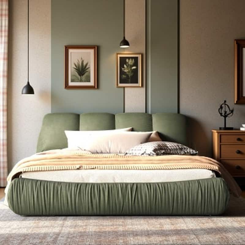 King Size Upholstered Bed Frame with Extra-Wide Cushioned Headboard, Solid Pine Slats & Adjustable Mattress Height - King Green - King
