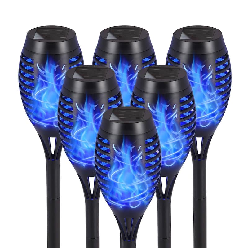 Mini Solar Torches Lights with Flickering Flame Outdoor Waterproof for Pathway - 6 Pack - Blue