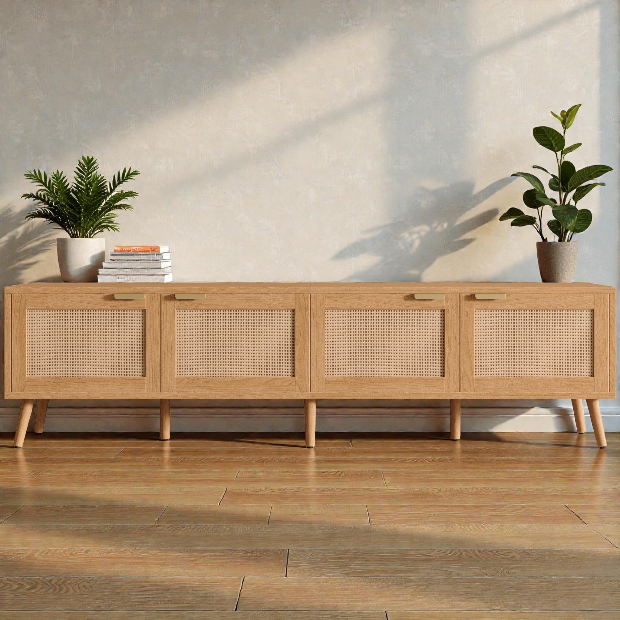 70 Inch TV Stand with Rattan Doors for TVs up to 80 Inches, Media Console with Storage Cabinet, Cable Holes and Solid Wood Legs